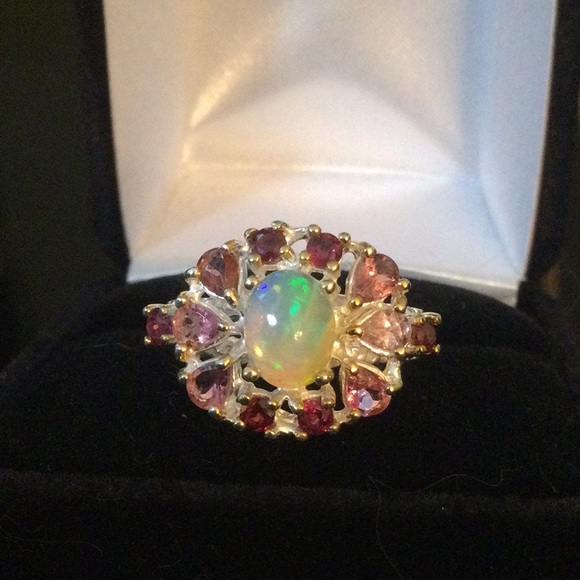 Genuine , Natural Fiery Opal & Pink Tourmalines Ring - Picture 6 of 14